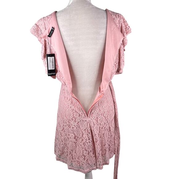 Boohoo Lace Ruffle Sleeve Skater Dress Blush 14 New - Picture 6 of 14